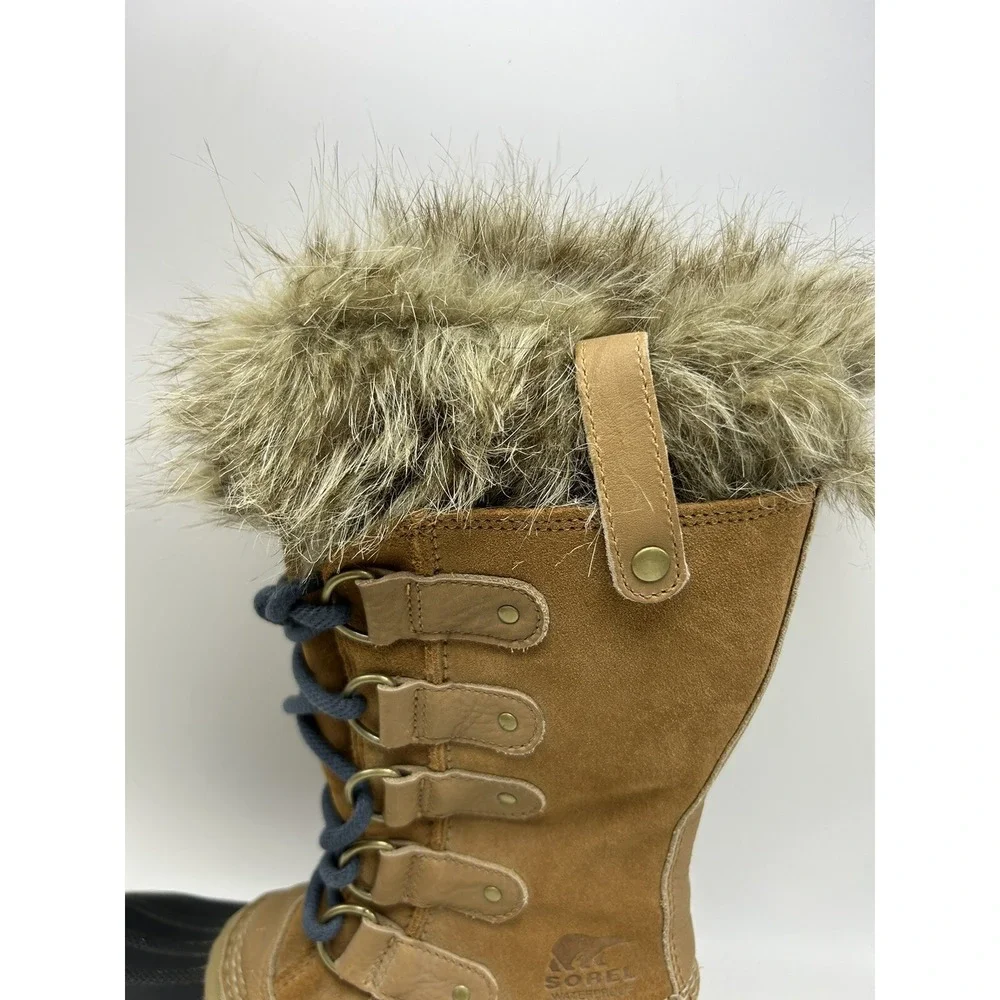 Sorel Snow Boots Womens 5.5 Joan Arctic Tall Tan Suede Navy Waterproof Faux Fur